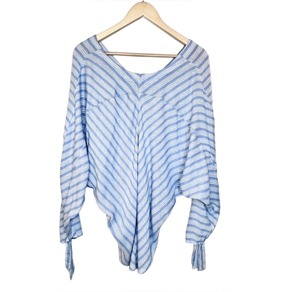 Free People Morning Solid Blue White Striped Long Sleeve Top Large Dolman Sleeve - Picture 3 of 16